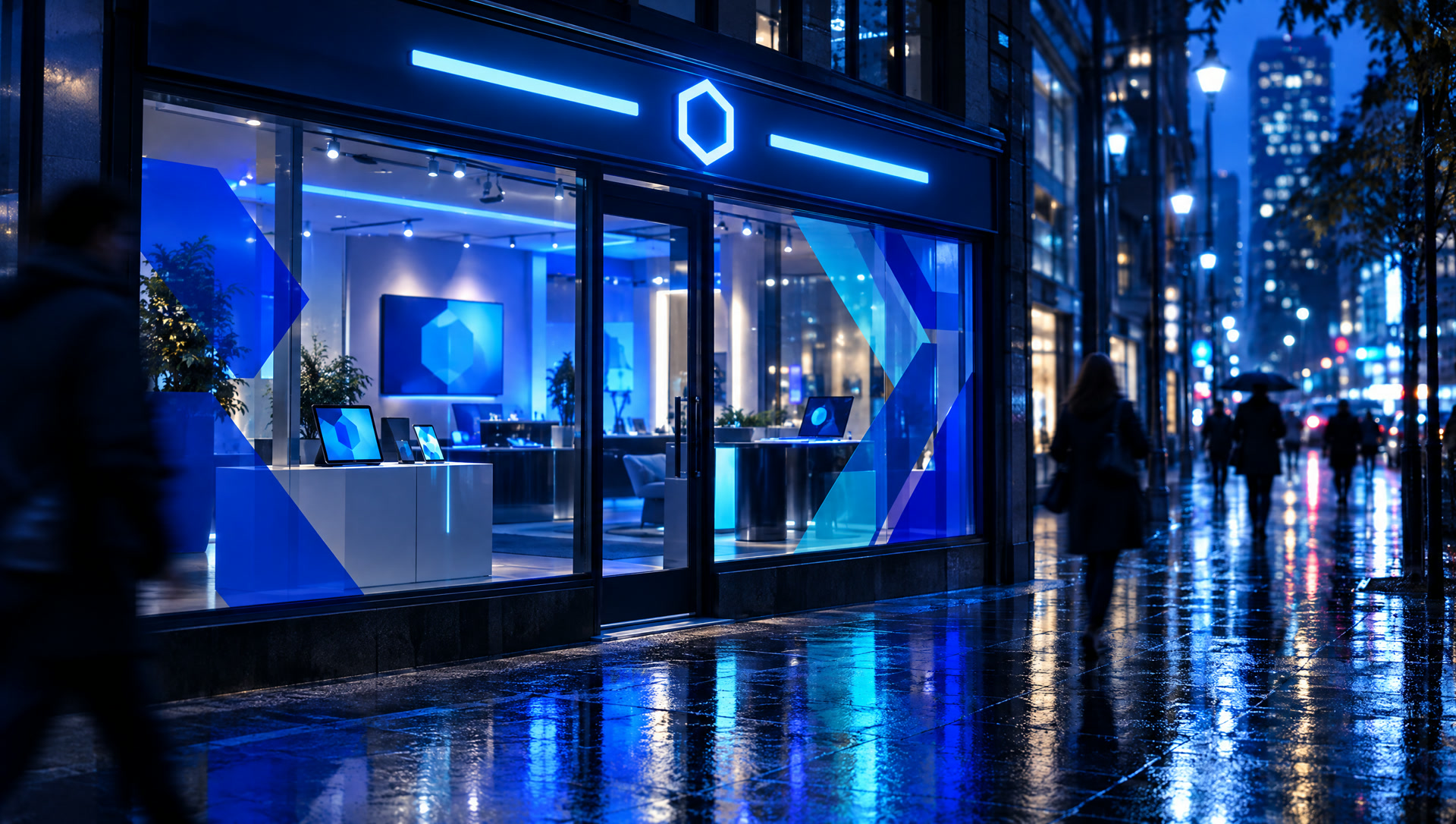 Devanture de nuit avec une enseigne lumineuse et une vitrophanie bleue