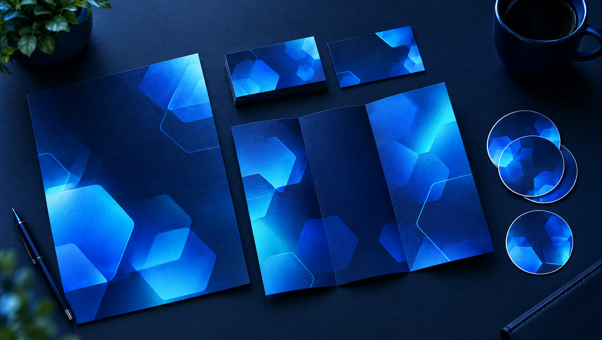 Flyers, cartes de visite, plaquette et stickers dans le même design bleu